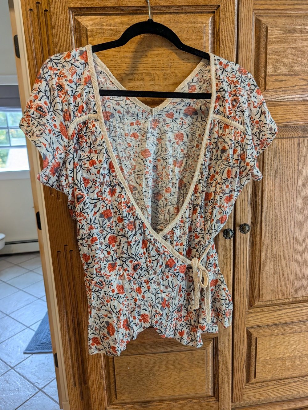 Lucky Brand Cream Wrap-Front Blouse with Coral Floral Print